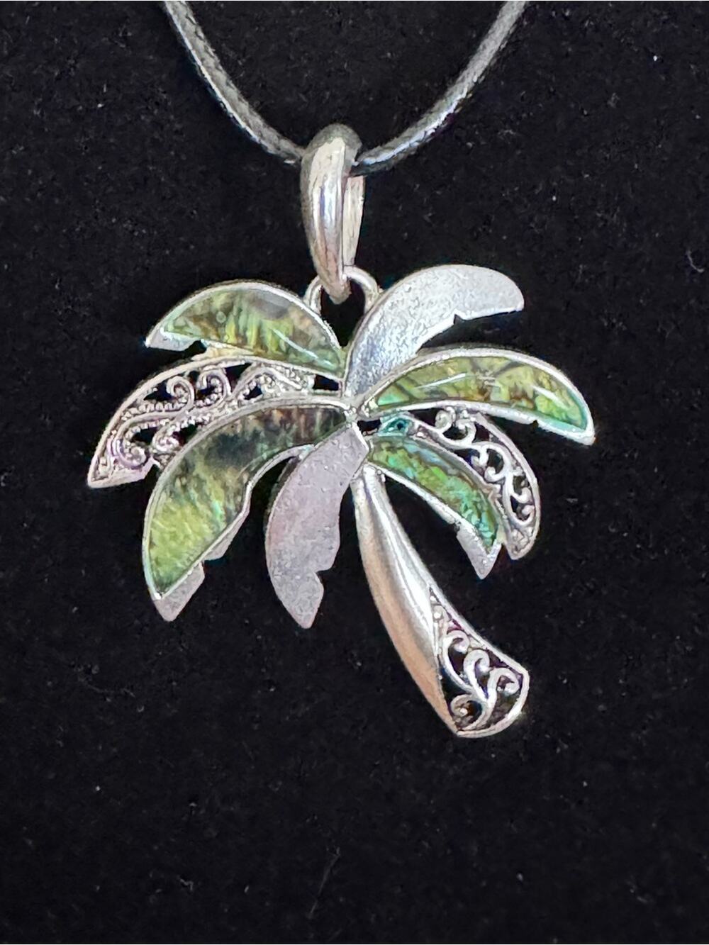 Palm Tree Silver Tone Iridescent Pendant Necklace on Rope Cord